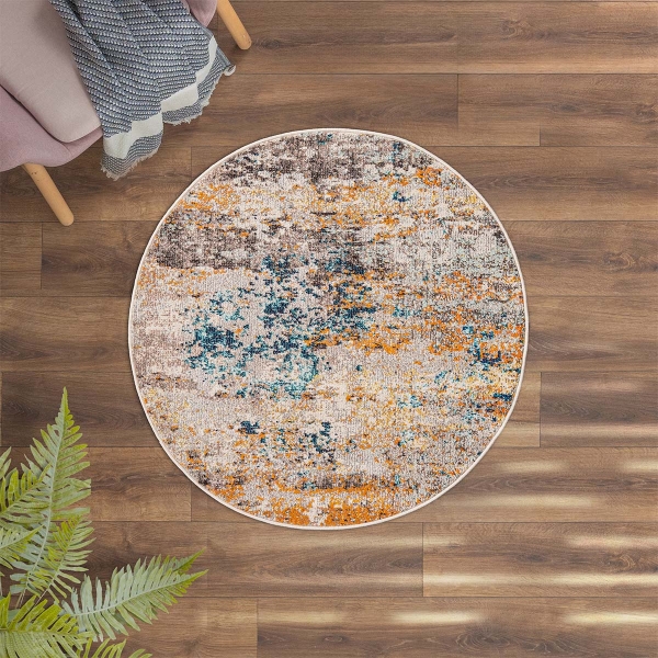 Art Mavi 100 x 100 cm Round Zymta Winter Carpet - Stone / Orange / Beige / Navy Blue