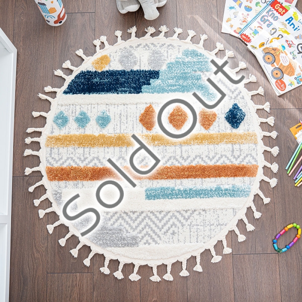 Katy Shag 100 x 100 cm Round Zymta Winter Carpet - Grey / Navy Blue / Cream / Orange