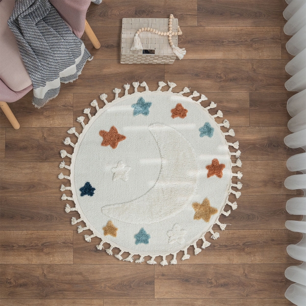 Katy Good Night 100 x 100 cm Round Zymta Winter Carpet - Cream / Blue / Mustard / Navy Blue