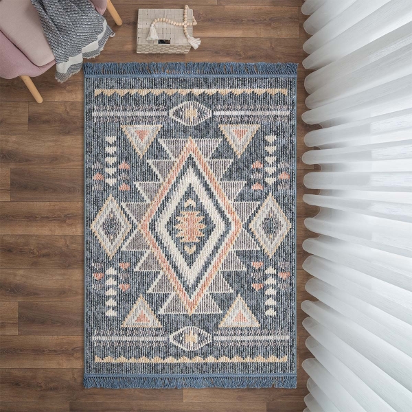Infinity Vintage Rectangular 200 x 300 cm Zymta Winter Carpet - Indigo / Grey / Mustard / Salmon