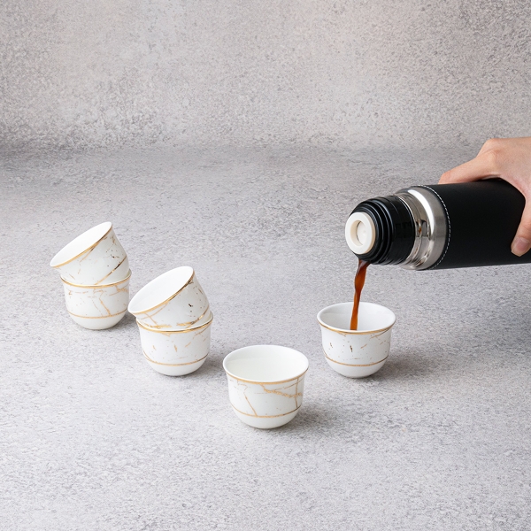 6 Pieces Mermer Porcelain Coffee Cups Set 70 ml - Gold / White