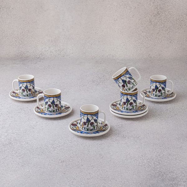 6 Pieces Floral Symphony Porcelain Coffee Cup Set 100 ml - Navy Blue / Gold / White / Green