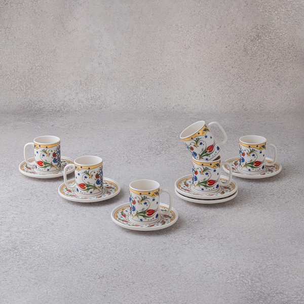 6 Pieces Tulip Blossom Porcelain Coffee Cup Set 100 ml - Green / Red / Gold / White