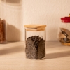 Square Glass Jar With Bamboo Lid 13 x 6 x 6 cm - Transparent / Beige