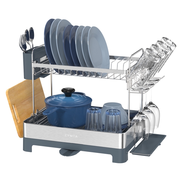Drying Rack, Large Capacity Dish Rack with Auto Draining Spout and Utensil Holder, Stainless Steel Drying Rack, 57.1 x 32 x 38.5 cm for Kitchen 