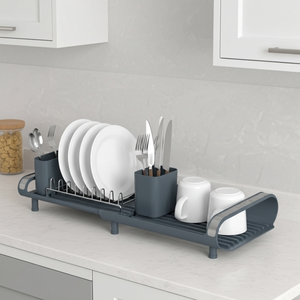 Compact Dish Drainer, Stainless Steel Dish Drying Rack with Removable Cutlery Holder, Kitchen Counter Small Expandable Rack Sink Organization, Utensil Holder