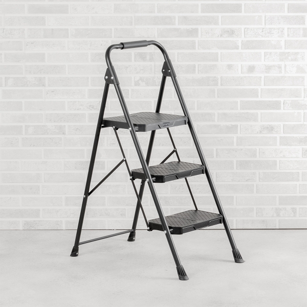 Step Ladder 3 Step, Folding Step Stool, Wide Anti-Slip Pedal, Lightweight, Portable Steel Use for Home and Office (Black 3 Step)