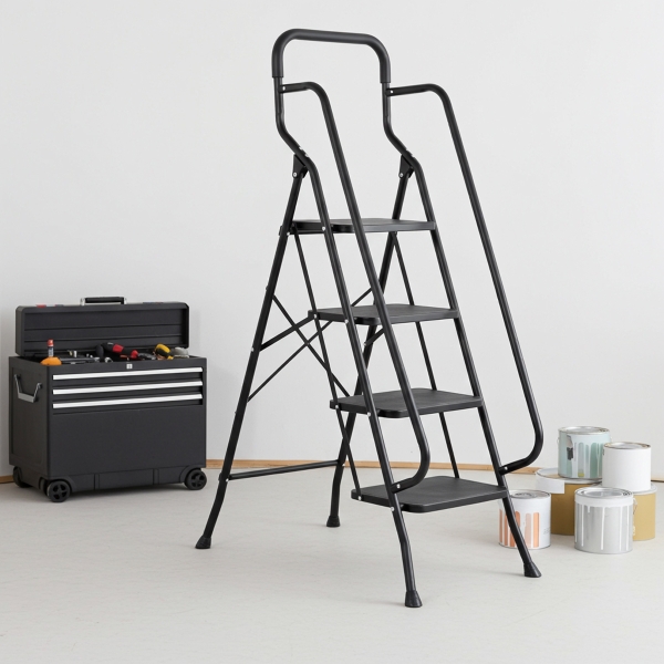 Portable Handrails Step Ladder, Heavy Duty Sturdy Ladders, Foldable with Anti-Slip Wide Pedals, Large Capacity, for Kitchen Household and Office (Black 4 Step)