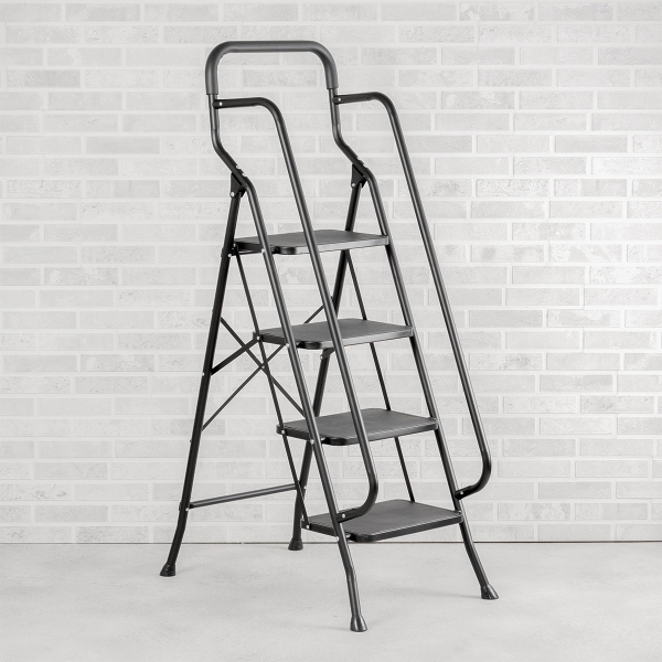 Portable Handrails Step Ladder, Heavy Duty Sturdy Ladders, Foldable with Anti-Slip Wide Pedals, Large Capacity, for Kitchen Household and Office (Black 4 Step)