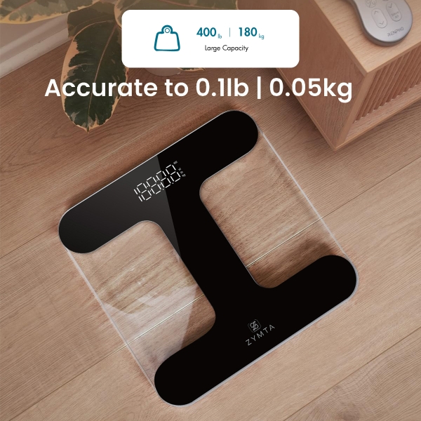 Bathroom Scale for Body Weight, Highly Accurate Digital Scale with Transparent and Slim Tempered Glass, Clear LCD Display, Batteries Included, Measures Weight up to 400 lb, Black