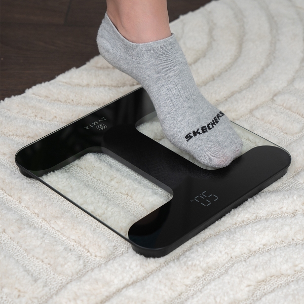 Bathroom Scale for Body Weight, Highly Accurate Digital Scale with Transparent and Slim Tempered Glass, Clear LCD Display, Batteries Included, Measures Weight up to 400 lb, Black