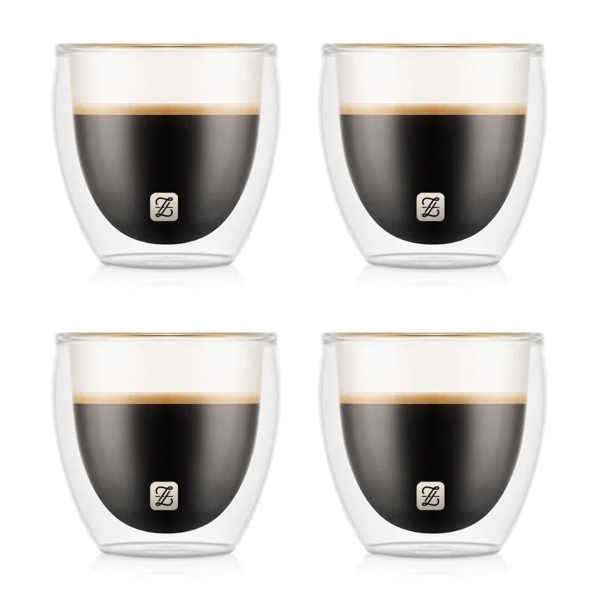 4 Pieces Double Wall Borosilicate Glass Coffee Cup Set 80 ml With No Handle - Transparent 