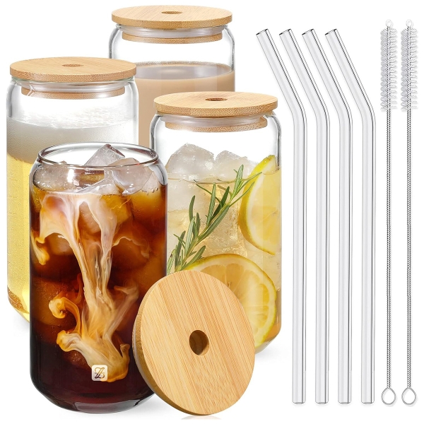 4 Pieces Glass Cup With Bamboo Lid And Glass Straw Set 480 ml - Transparent 