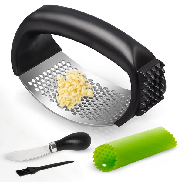 Stainless Steel Garlic Press Rocker Set of 4 Pieces, Premium Garlic Mincer, New Innovative Garlic Crusher with Peeler and Scraper, Comfortable Grip (Black)