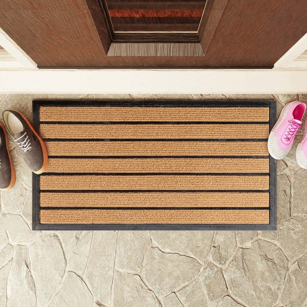 Zymta Linear Striped Door Mat 46 x 76 cm - Light Brown / Black