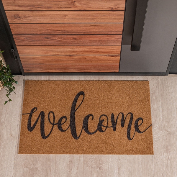 Zymta Welcome Text Printed Door Mat 46 x 76 cm - Light Brown / Black