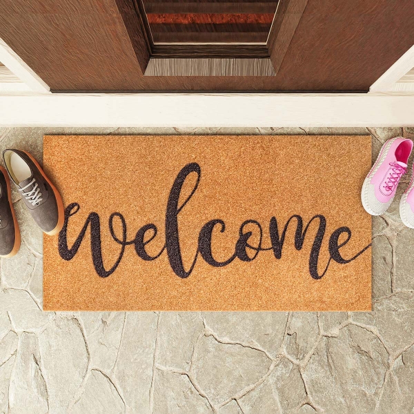 Zymta Welcome Text Printed Door Mat 46 x 76 cm - Light Brown / Black
