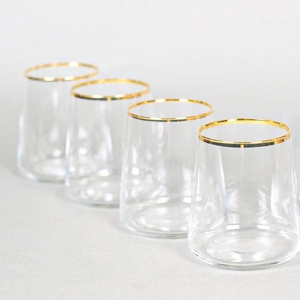 4 Pieces Elegance Gold Rim Glass Tumbler Set 420 ml - Transparent