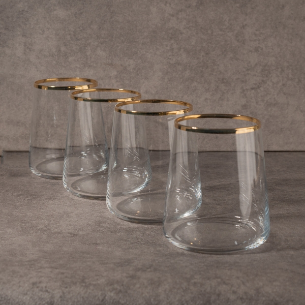 4 Pieces Elegance Gold Rim Glass Tumbler Set 420 ml - Transparent