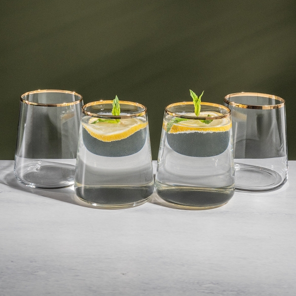 4 Pieces Elegance Gold Rim Glass Tumbler Set 420 ml - Transparent