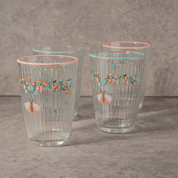 4 Pieces Floral Butterfly Glass Cup Set 395 ml - Multicolored