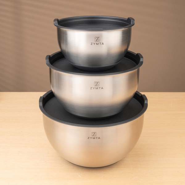 3 Pieces Zymta Stainless Steel Mixing Bowls Set with Silicone Base and Lid - Silver / Black