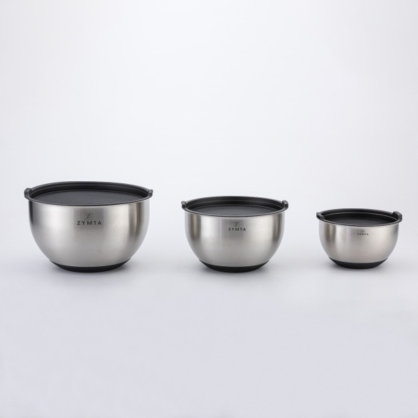 3 Pieces Zymta Stainless Steel Mixing Bowls Set with Silicone Base and Lid - Silver / Black