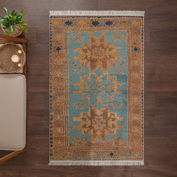 60 x 90 cm Mirror Craft Tribal Motifs Double Sided Decorative Rug - Black / Aqua