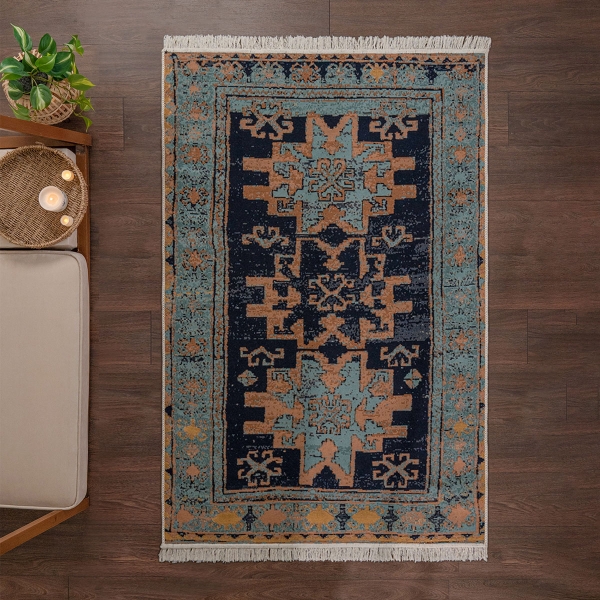 80 x 300 cm Mirror Craft Tribal Motifs Double Sided Decorative Rug - Black / Aqua