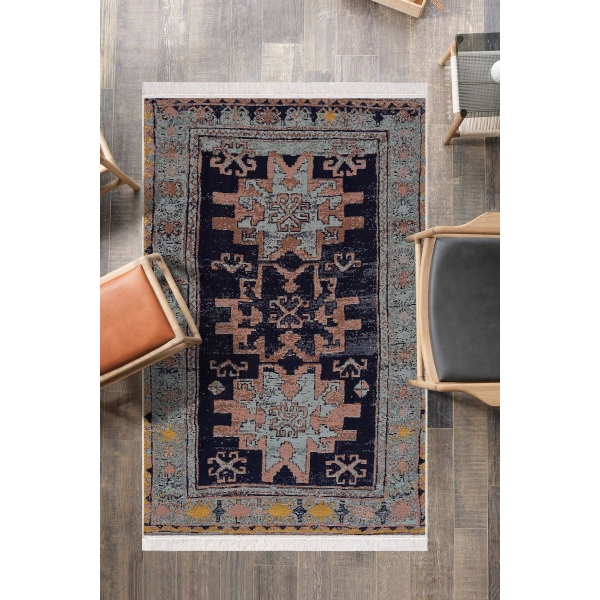 120 x 180 cm Mirror Craft Tribal Motifs Double Sided Decorative Rug - Black / Aqua