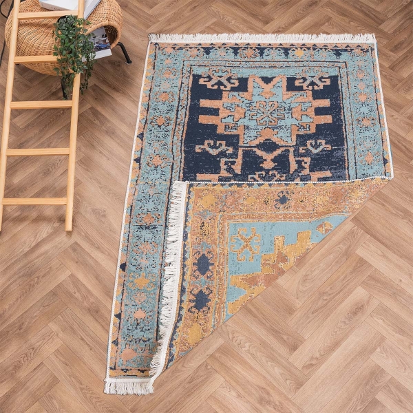 160 x 230 cm Mirror Craft Tribal Motifs Double Sided Decorative Rug - Black / Aqua