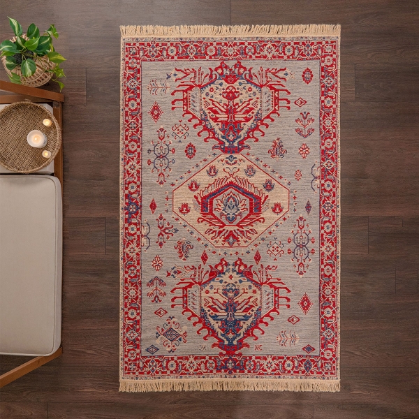 80 x 300 cm Mirror Craft Heritage Double Sided Decorative Rug - Red / Navy Blue / Cream