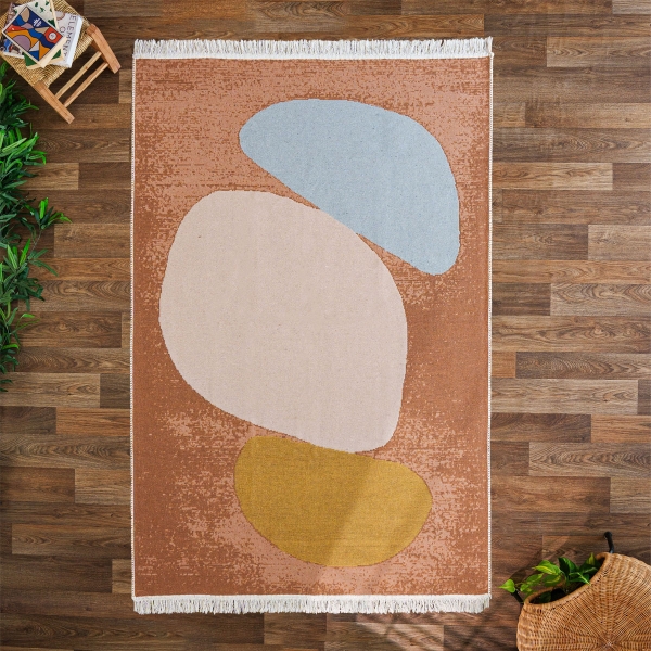 80 x 150 cm Mirror Craft Pebble Art Double Sided Decorative Rug - Brown / Blue / Light Grey / Mustard