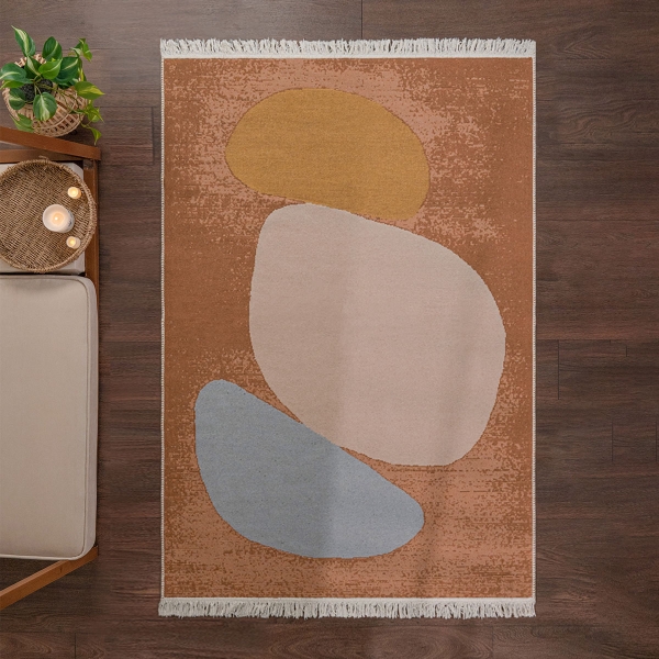 120 x 180 cm Mirror Craft Pebble Art Double Sided Decorative Rug - Brown / Blue / Light Grey / Mustard
