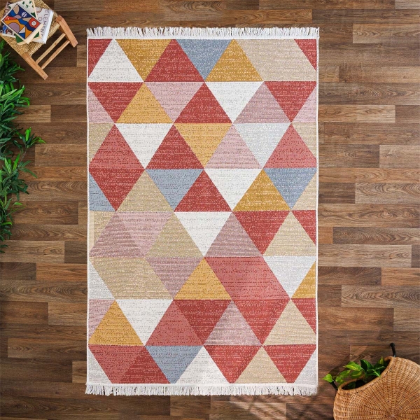 80 x 150 cm Mirror Craft Triangles Double Sided Decorative Rug - Mustard / White / Red