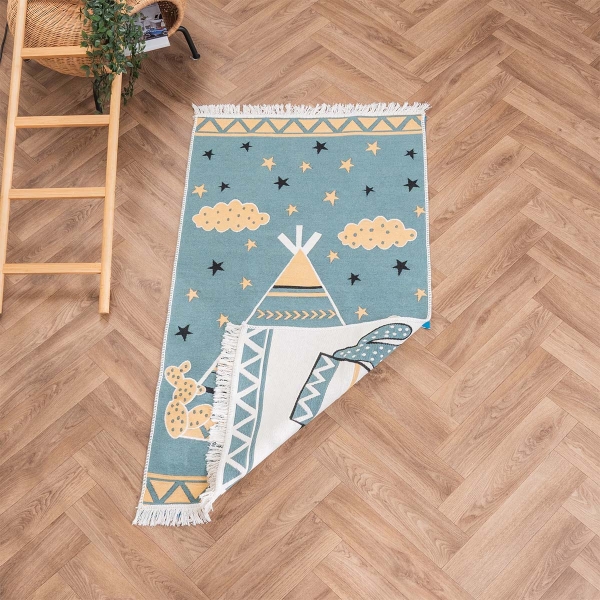 80 x 150 cm Mirror Craft Tent Double Sided Decorative Rug - Green / White / Mustard