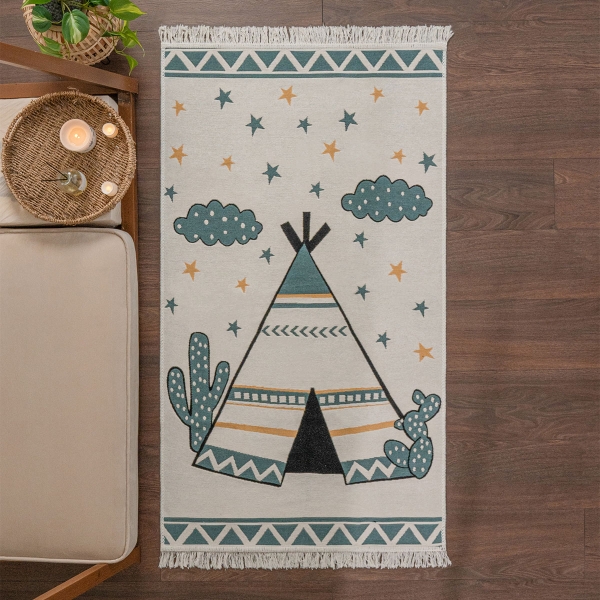 160 x 230 cm Mirror Craft Tent Double Sided Decorative Rug - Green / White / Mustard