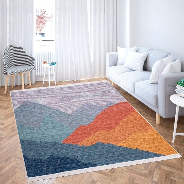 120 x 180 cm Mirror Craft Mountains Landscape Double Sided Decorative Rug - Navy Blue / Grey / Brown / Mustard