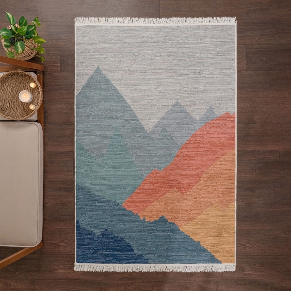 120 x 180 cm Mirror Craft Mountains Landscape Double Sided Decorative Rug - Navy Blue / Grey / Brown / Mustard