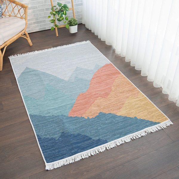120 x 180 cm Mirror Craft Mountains Landscape Double Sided Decorative Rug - Navy Blue / Grey / Brown / Mustard