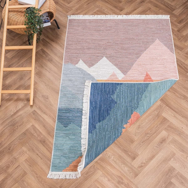 200 x 300 cm Mirror Craft Mountains Landscape Double Sided Decorative Rug - Navy Blue / Grey / Brown / Mustard