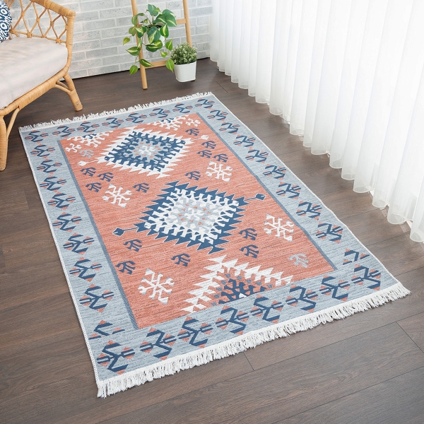 80 x 300 cm Mirror Craft Rhombus Double Sided Decorative Rug - Terracotta / Grey / Navy Blue