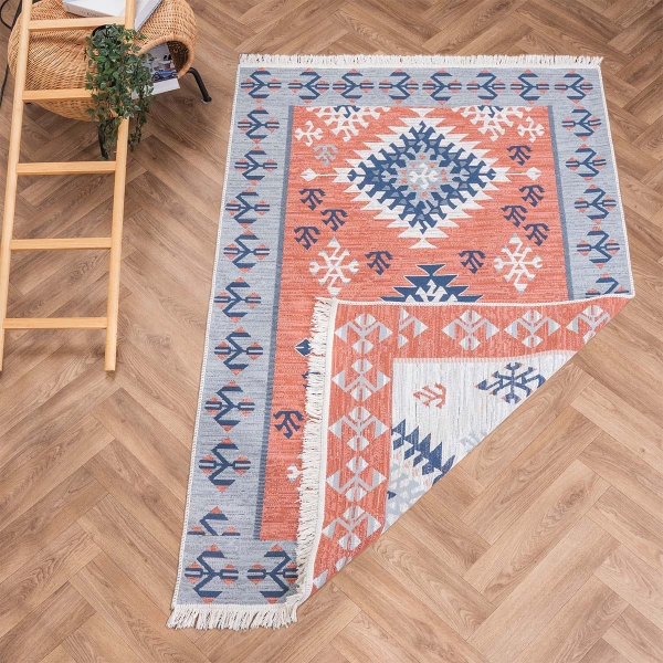 120 x 180 cm Mirror Craft Rhombus Double Sided Decorative Rug - Terracotta / Grey / Navy Blue
