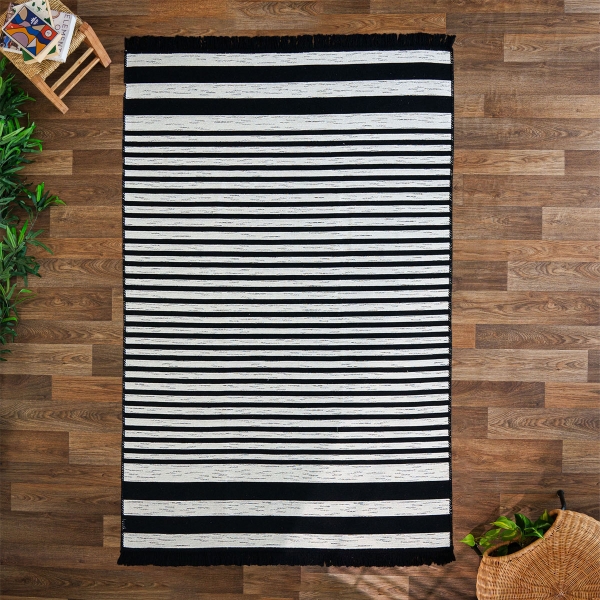 60 x 90 cm Mirror Craft Monochrome Stripes Double Sided Decorative Rug - Black / Cream
