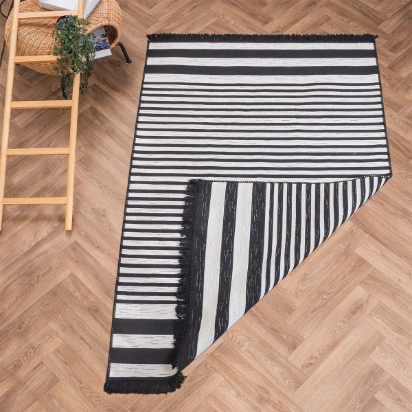 80 x 300 cm Mirror Craft Monochrome Stripes Double Sided Decorative Rug - Black / Cream