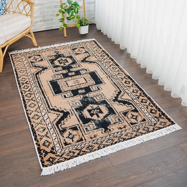 80 x 150 cm Mirror Craft Traditional Tribal Motif Double Sided Decorative Rug - Light Brown / Black / Mint