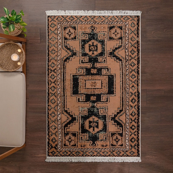 120 x 180 cm Mirror Craft Traditional Tribal Motif Double Sided Decorative Rug - Light Brown / Black / Mint