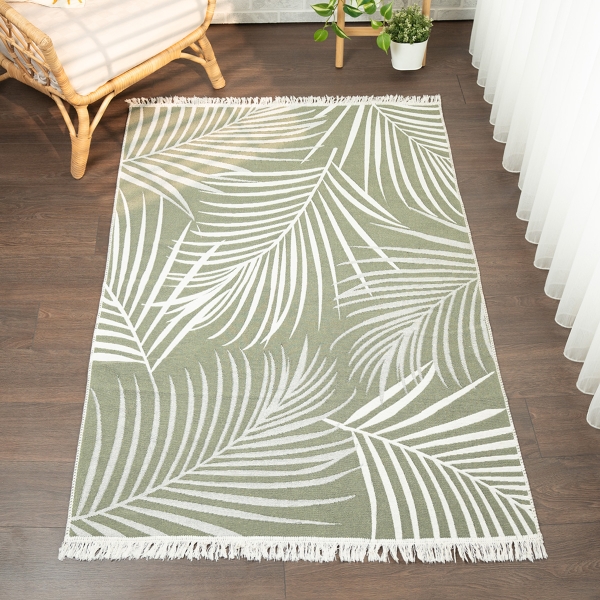 80 x 300 cm Mirror Craft Printed Palm Leaf Double Sided Decorative Rug - Cream / Green