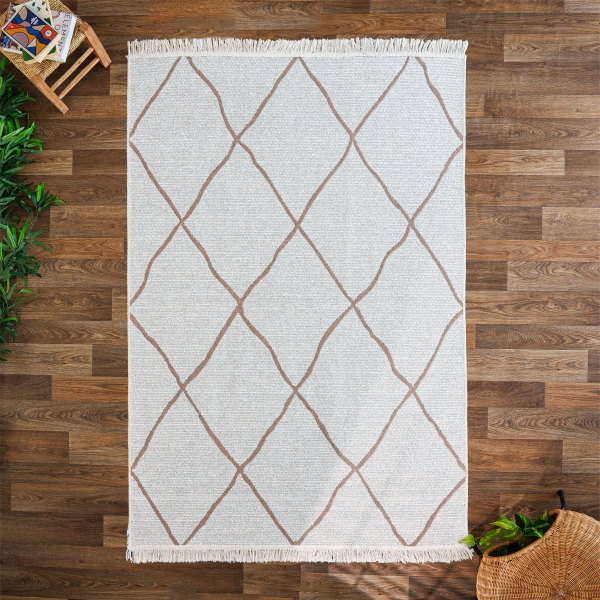 80 x 300 cm Mirror Craft Elegance Diamond Double Sided Decorative Rug - White / Light Brown