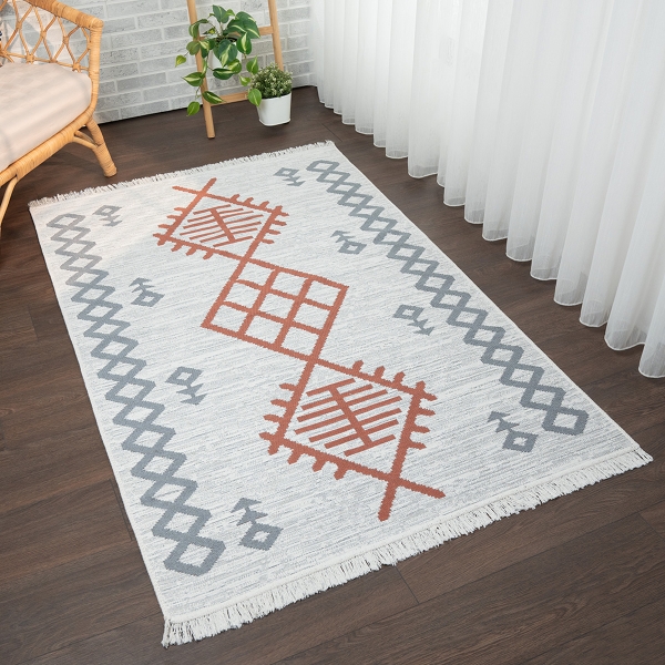 60 x 90 cm Mirror Craft Rustic Double Sided Decorative Rug - Terracotta / Light Grey